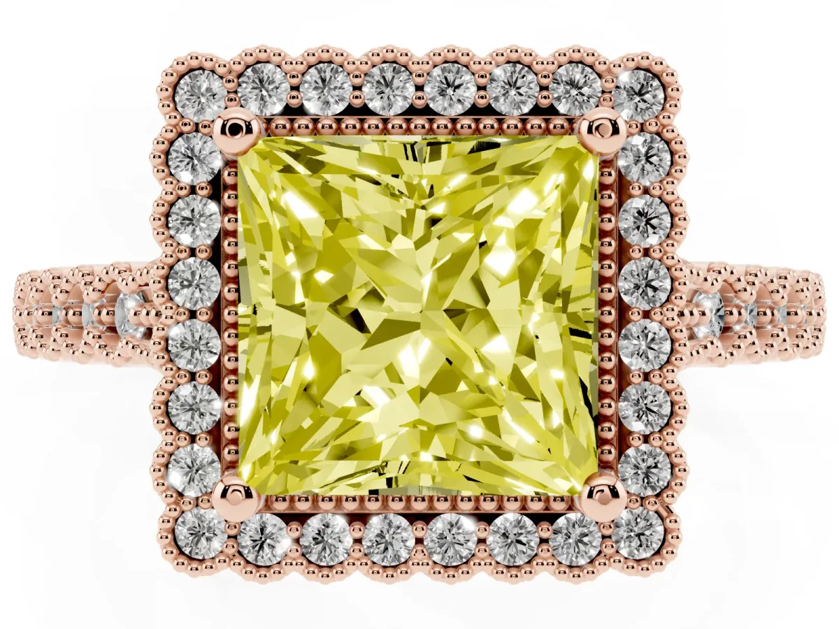 Fancy Yellow Princess Cut Cut Halo Pavé Solitaire Ring with Milgrain Band Rose gold