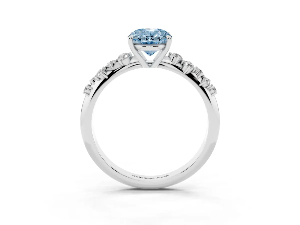 Fancy Blue Oval Cut Diamond Cluster Side Stone Solitaire Ring with Prong Setting Silver