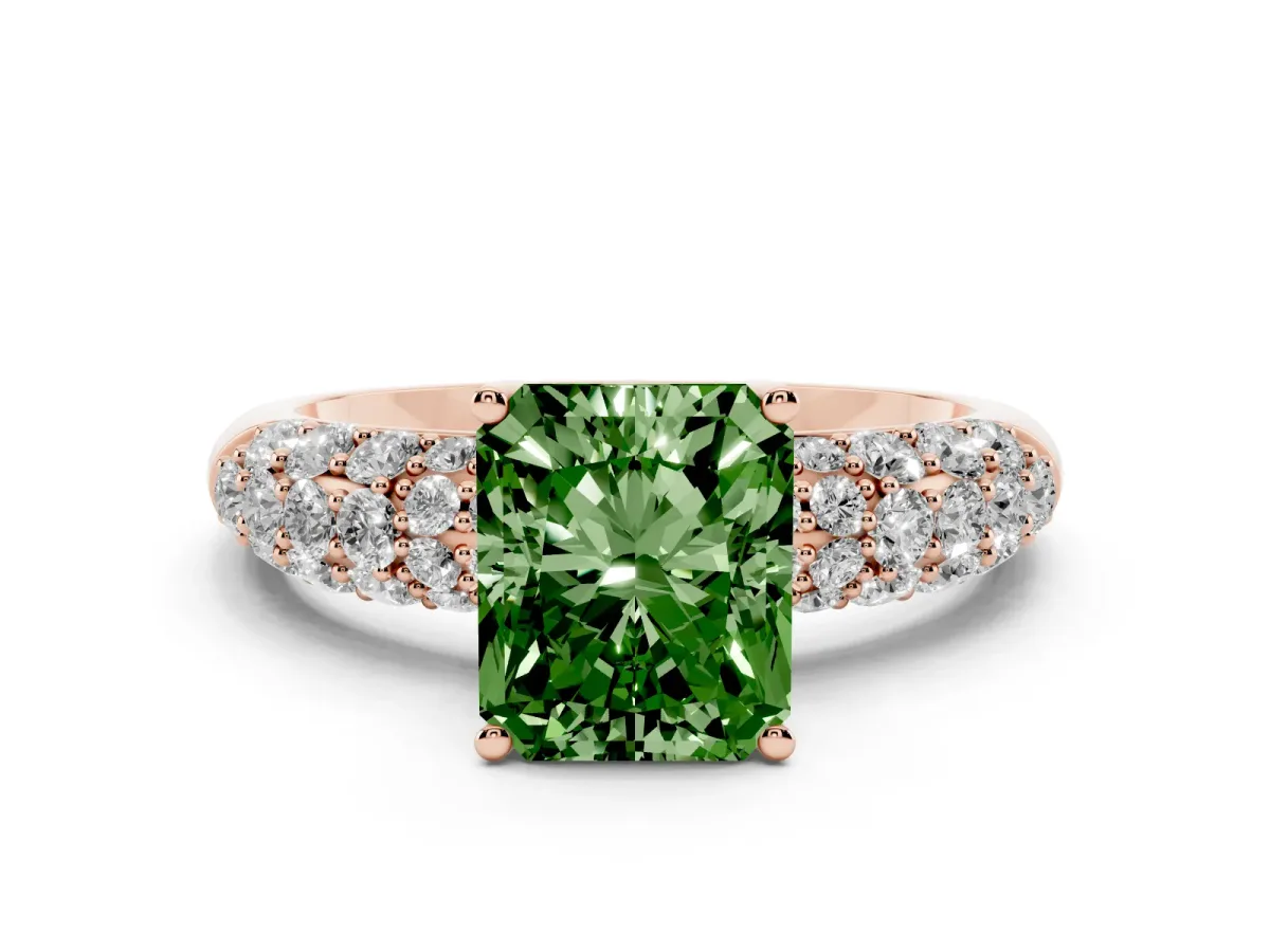 Fancy Green Radiant Cut Diamond Pavé Band Solitaire Ring with Four-Prong Setting Rose gold