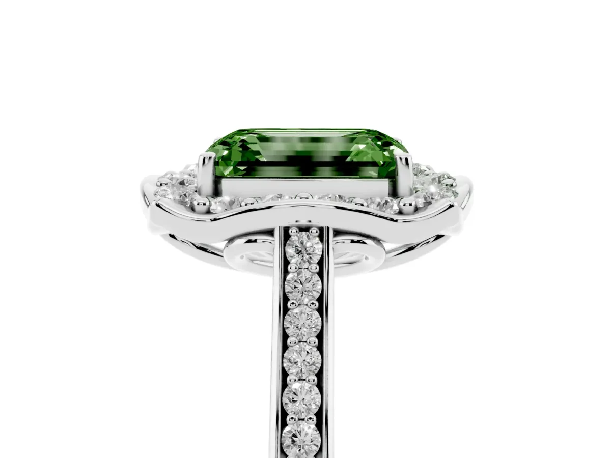 Fancy Green Emerald Cut Halo Round Diamond Pave Band with Four-Prong Setting Silver