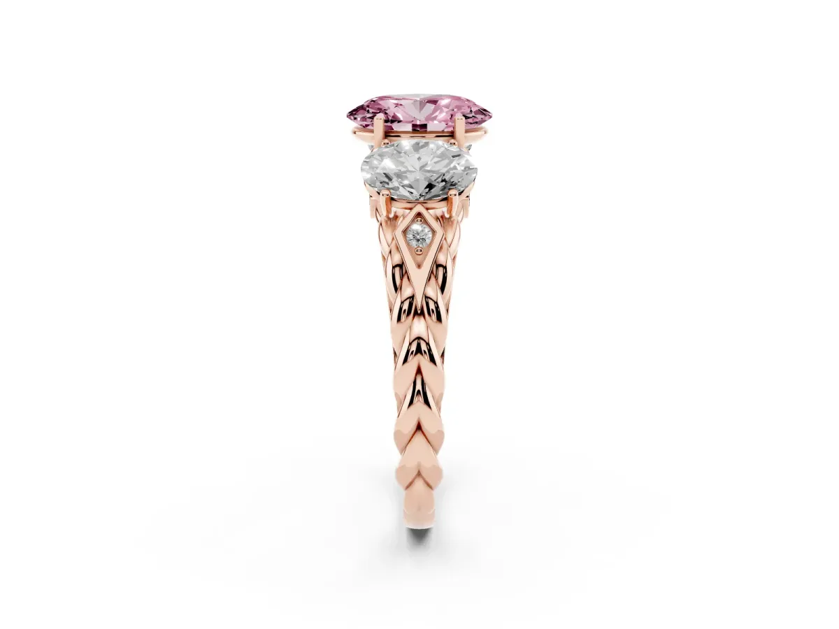 Fancy Pink Three-Stone Oval Cut Diamond Braided Band Ring with Four-Prong Setting Rose gold