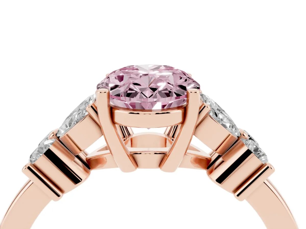 Fancy Pink Oval Cut Diamond Floral Cluster Ring with Solitaire Band and Prong Setting Rose gold