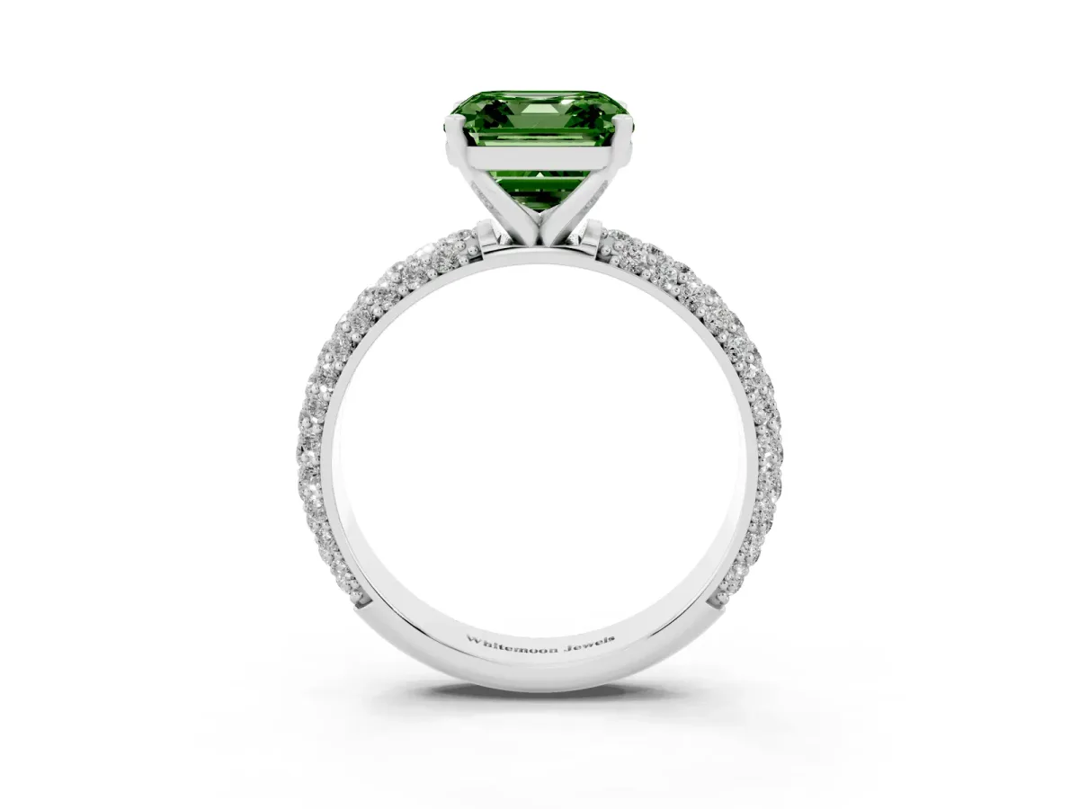 Fancy Green Asscher Cut Diamond Solitaire Ring with Prong Setting and Pavé Band Silver
