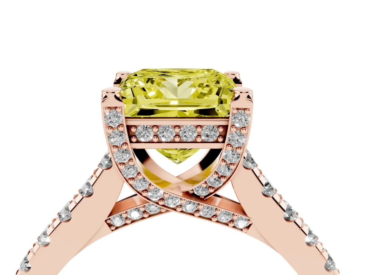 Fancy Yellow Princess Cut Brilliant Diamond Solitaire with Pavé Band and Four-Prong Setting Rose gold