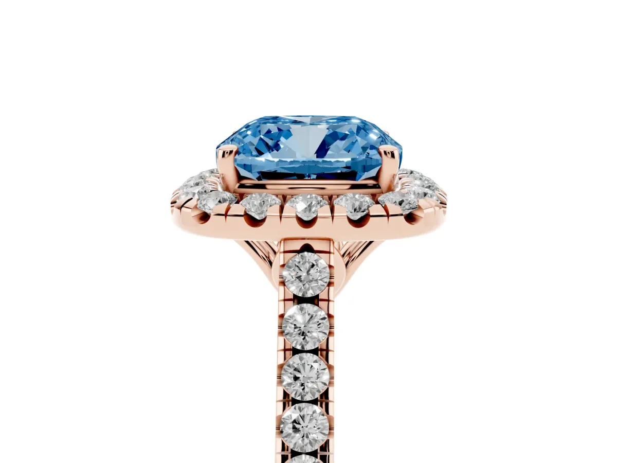 Fancy Blue Cushion Cut Halo Pavé Diamond Engagement Ring with Four-Prong Setting Rose gold