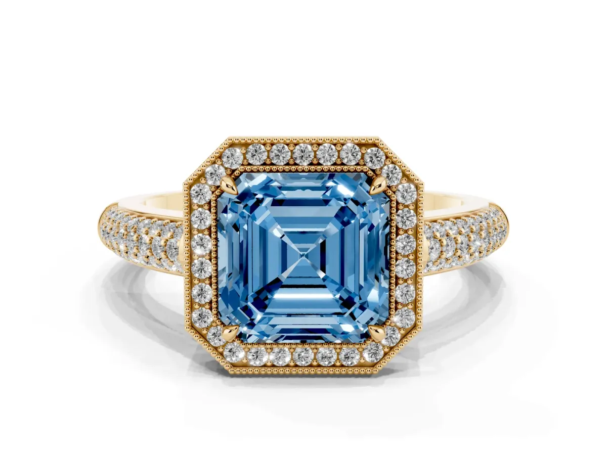 Fancy Blue Asscher Cut Cut Halo Diamond Pave Band with Four-Prong Setting Yellow gold