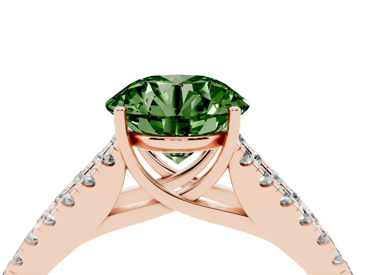 Fancy Green Round Cut Diamond Split Shank Engagement Ring with Round Pavé and Prong Setting Rose gold