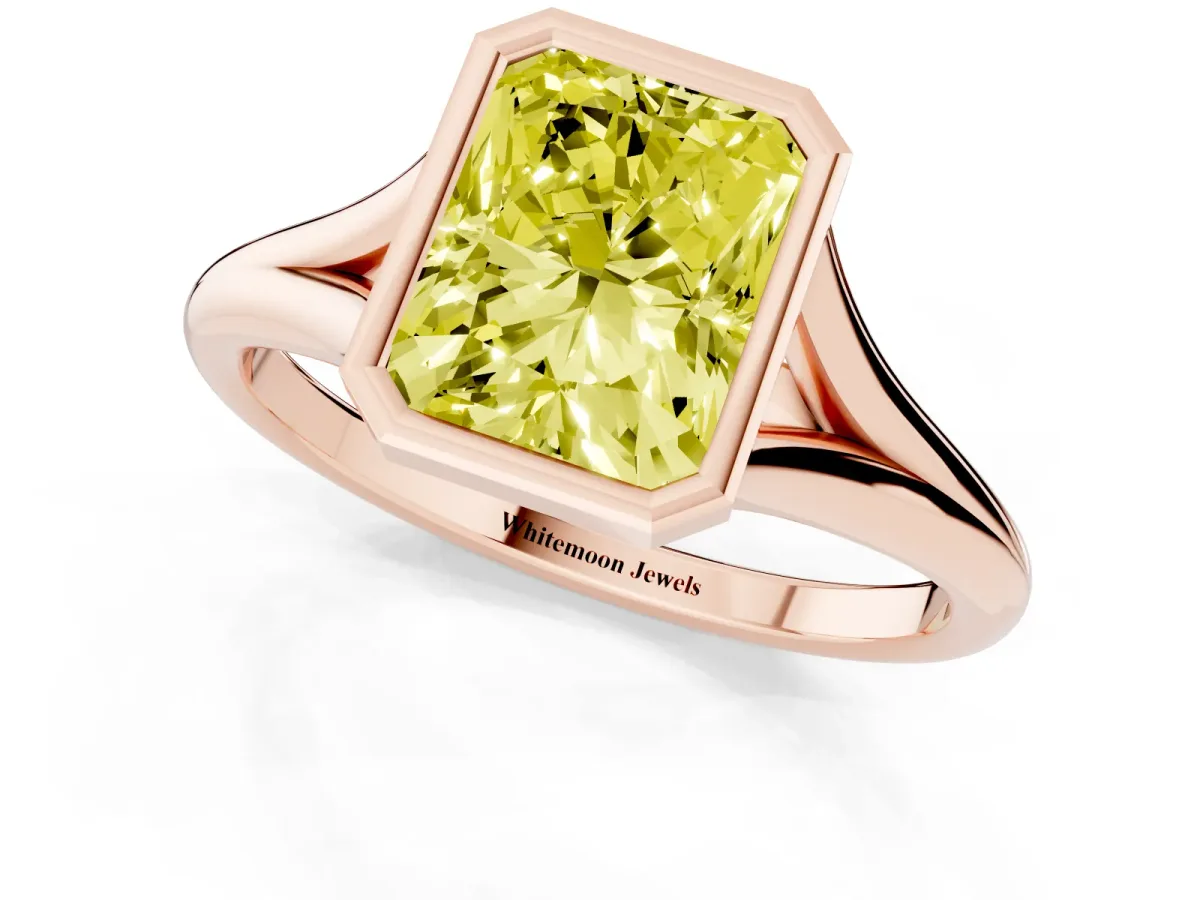 Fancy Yellow Bezel Set Radiant Cut Cut Solitaire Ring with Tapered Band Rose gold