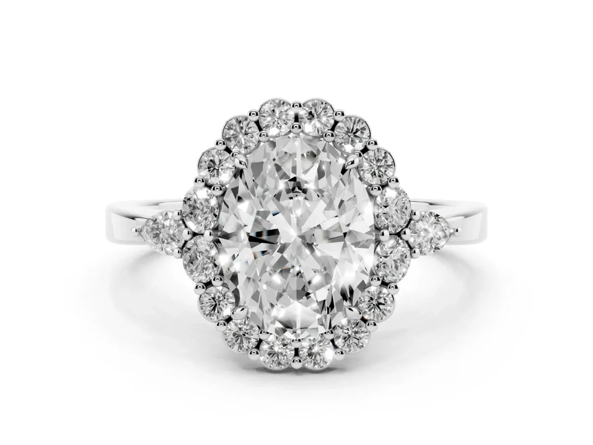 Oval Cut Diamond Halo Ring with Pear Side Stones and Prong Setting Silver
