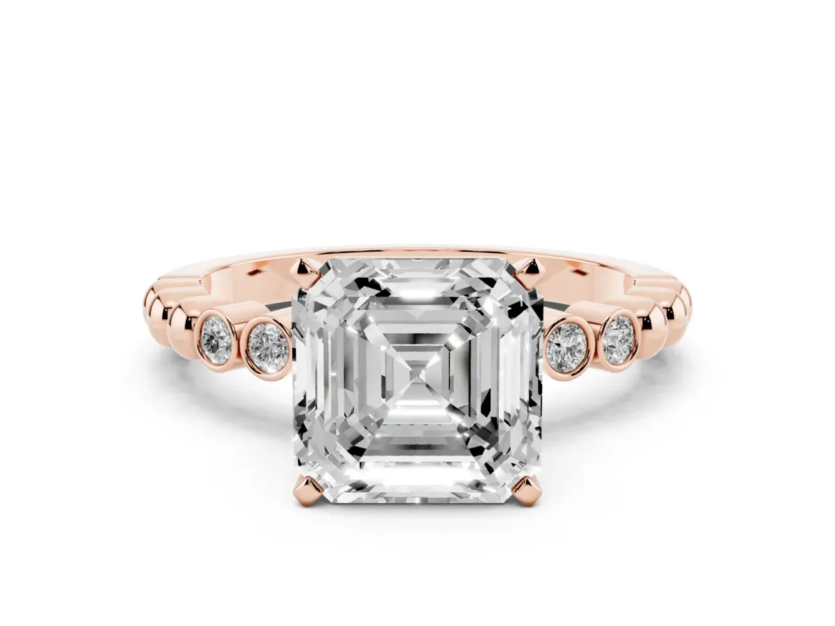 Asscher Cut Solitaire Bezel Accent Diamond Engagement Ring with Beaded Band and Four-Prong Setting Rose gold