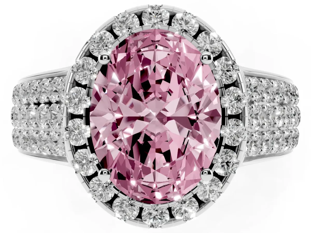 Fancy Pink Oval Cut Halo Round Diamond Pave Band with Prong Setting Silver