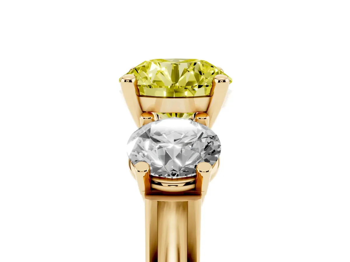 Fancy Yellow Three-Stone Round Cut Brilliant Diamond Trellis Ring with Comfort Fit Band Yellow gold