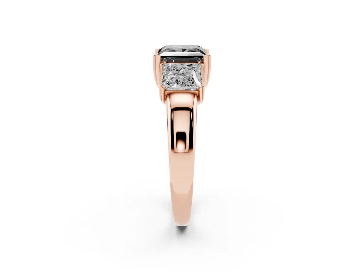 Fancy Black Three-Stone Princess Cut Cut Diamond Ring with Channel Set Band and Four-Prong Setting Rose gold