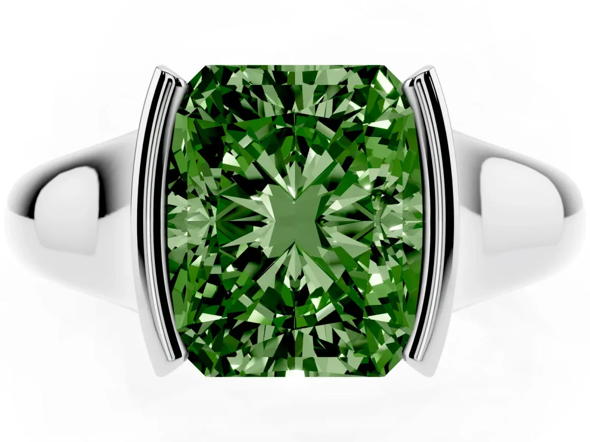 Fancy Green Radiant Cut Solitaire Tension Set Diamond Ring with Split Shank Band Silver