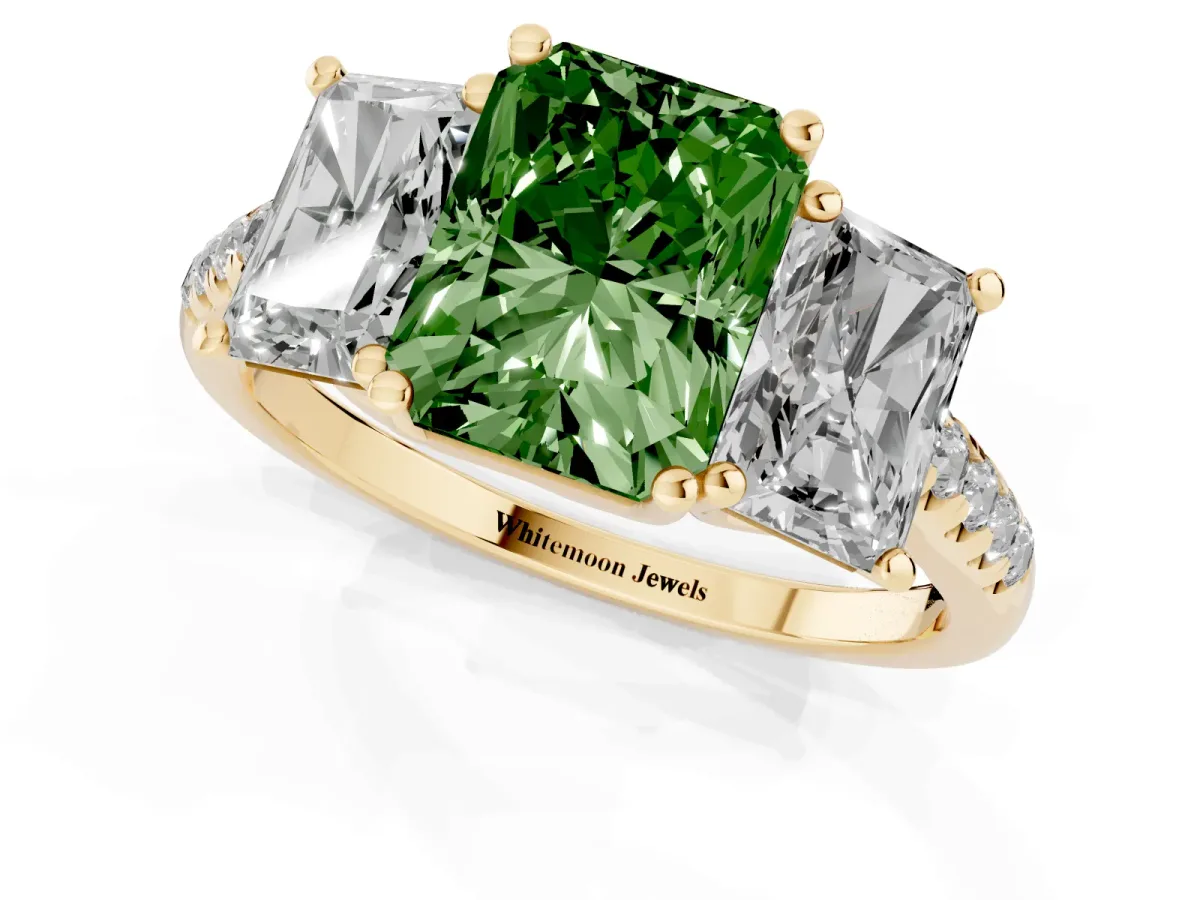 Fancy Green Three-Stone Radiant Cut Diamond Ring with Round Pavé Band and Prong Setting Yellow gold