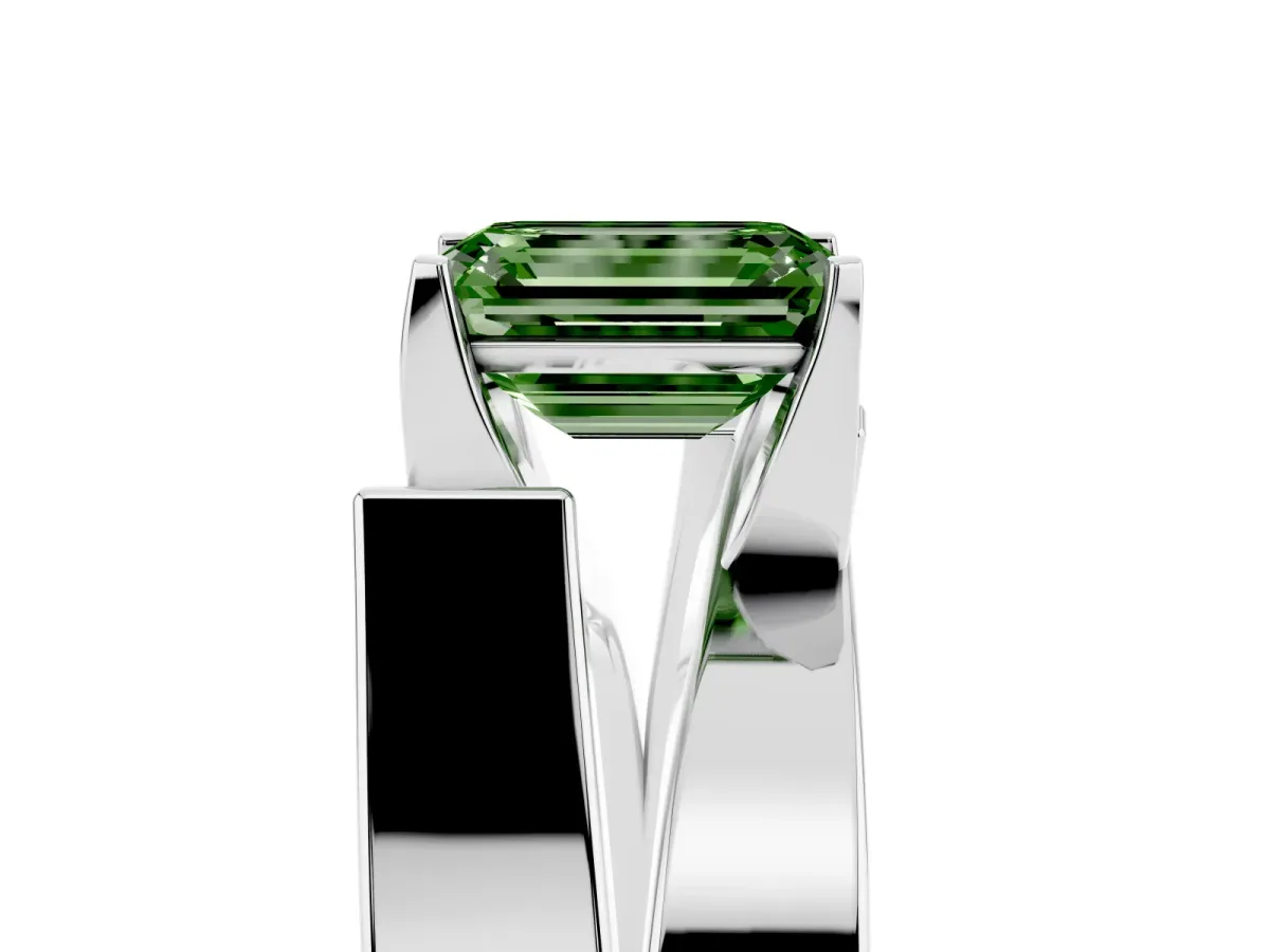 Fancy Green Modern Tension Set Emerald Cut Diamond Solitaire Wide Band Ring Silver