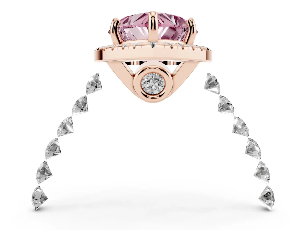Fancy Pink Heart Cut Halo Pavé Diamond Engagement Ring with Four-Prong Setting Rose gold