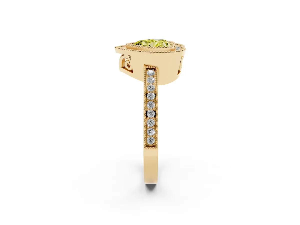 Fancy Yellow Heart Cut Cut Halo Diamond Ring with Pavé Band and Milgrain Prong Setting Yellow gold
