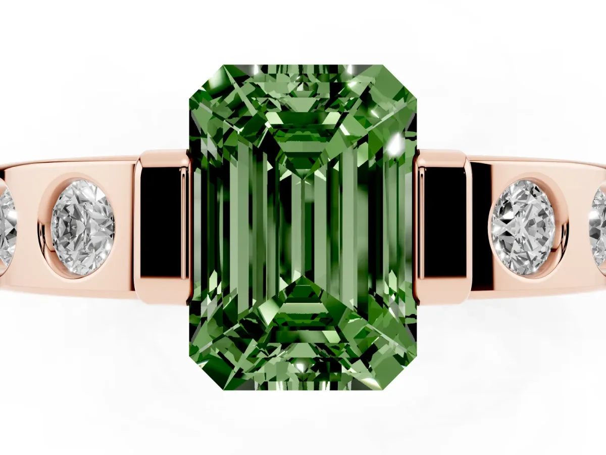 Fancy Green Emerald Cut Brilliant Channel-Set Diamond Ring with Bezel Prong Setting Rose gold