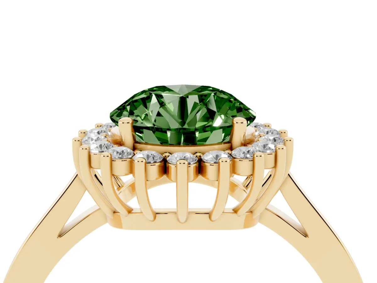 Fancy Green Round Cut Cut Diamond Halo Ring with Round Brilliant Halo and Solitaire Band Yellow gold