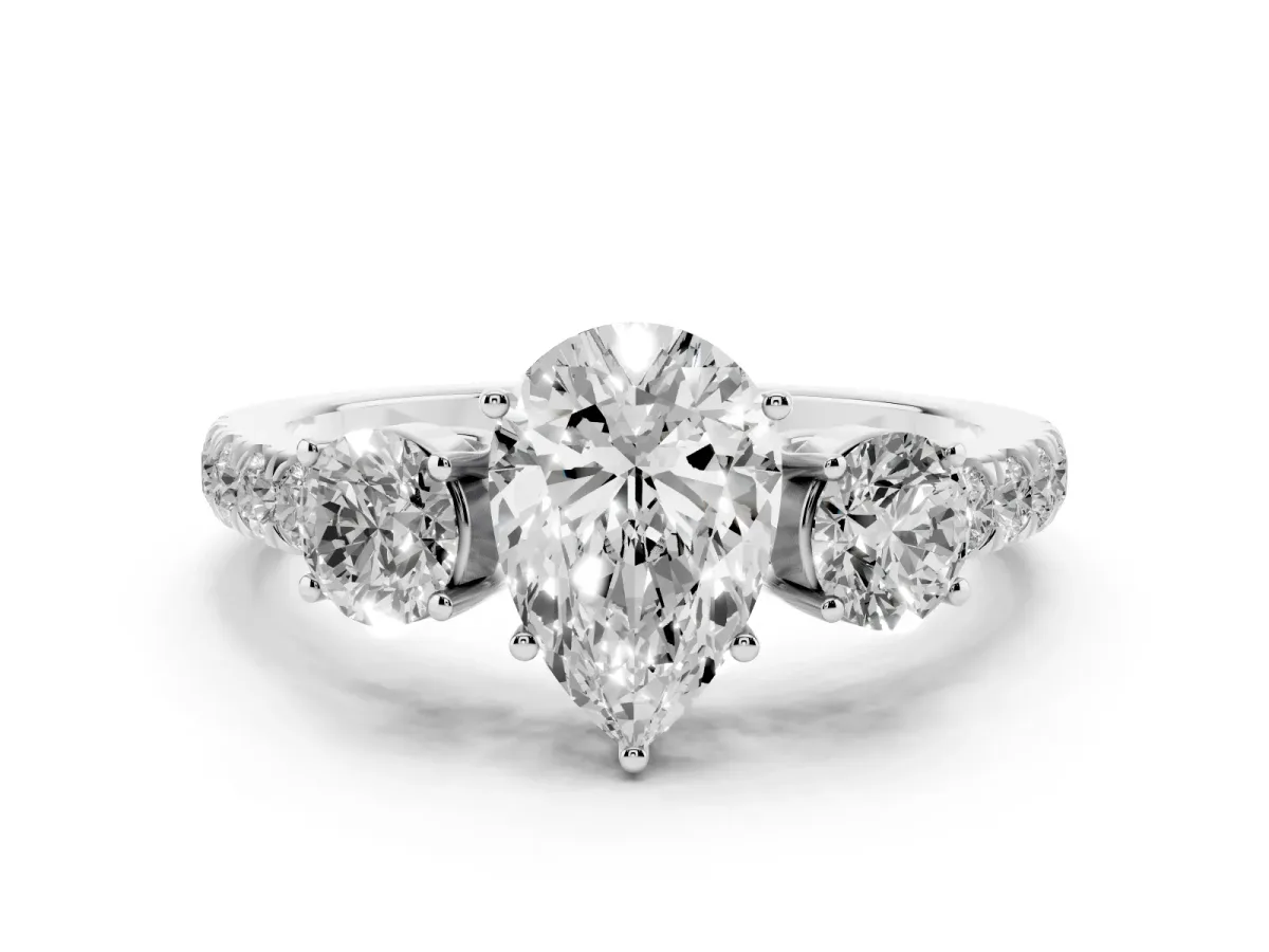 Pear Cut Cut Diamond Three-Stone Ring with Round Side Stones and Pavé Band Silver
