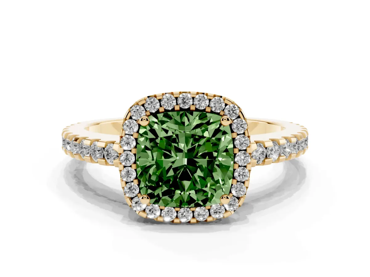 Fancy Green Cushion Cut Diamond Halo Engagement Ring with Pavé Band and Prong Setting Yellow gold