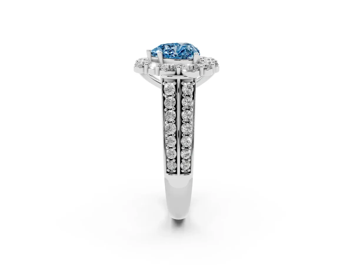 Fancy Blue Heart Cut Halo Diamond Engagement Ring with Split Shank and Prong Setting Silver