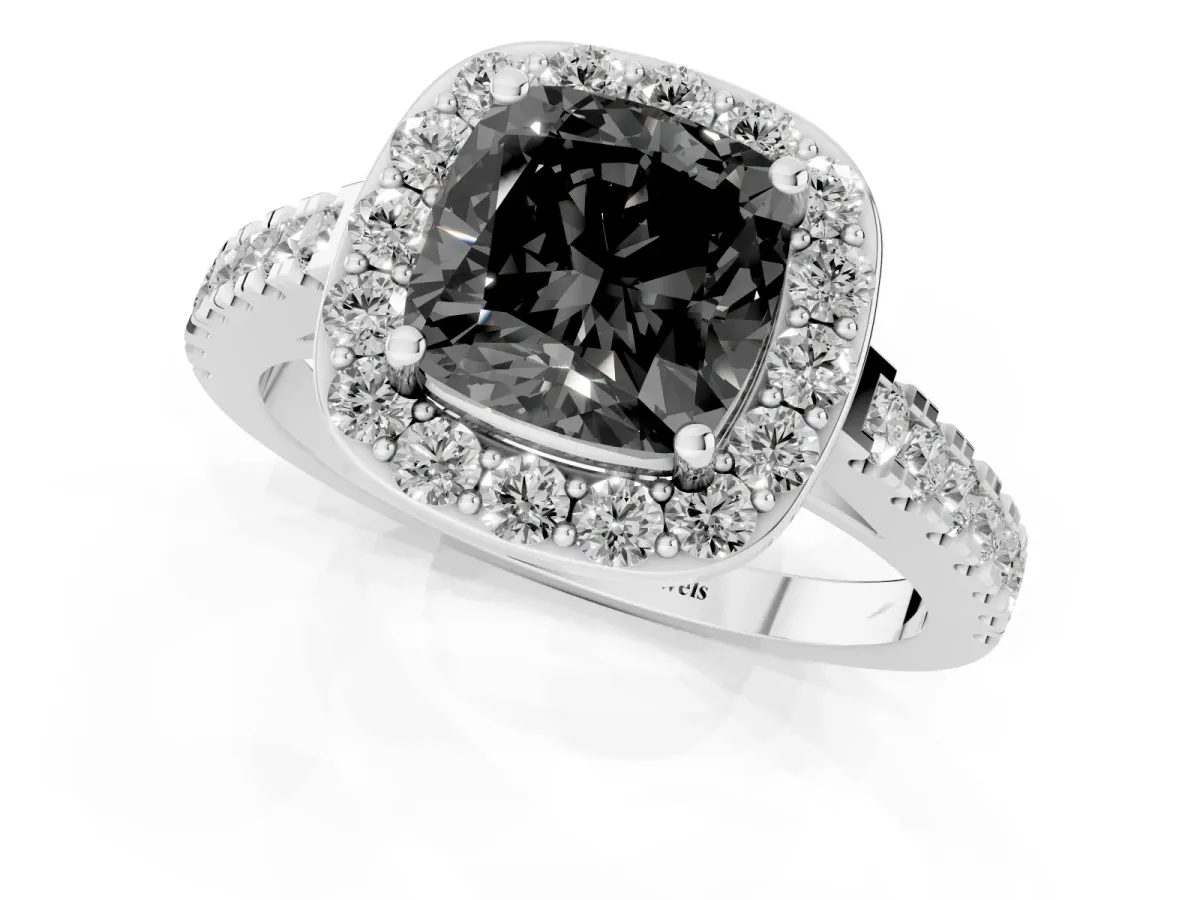 Fancy Black Cushion Cut Diamond Halo Ring with Round Pavé Split Shank and Prong Setting Silver