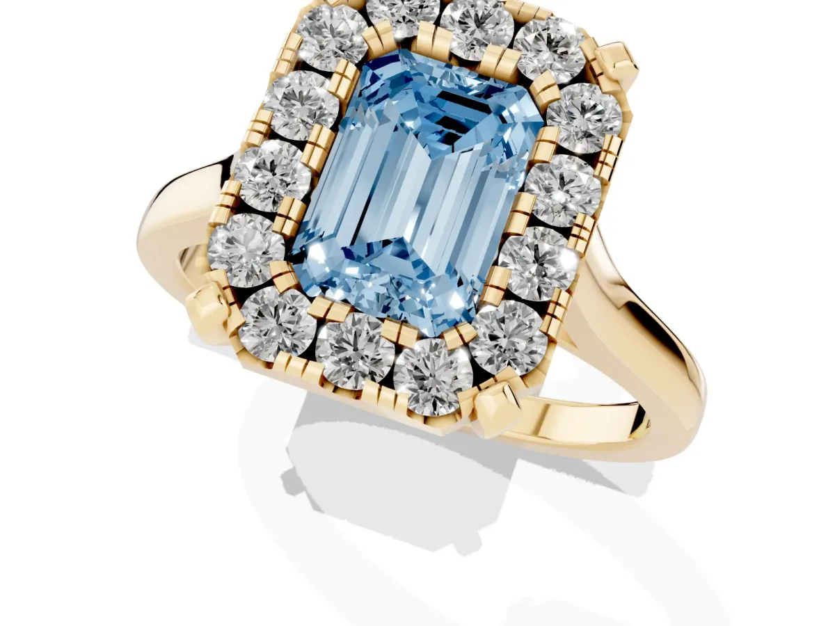 Fancy Blue Emerald Cut Diamond Cluster Halo Solitaire with Four-Prong Setting Yellow gold