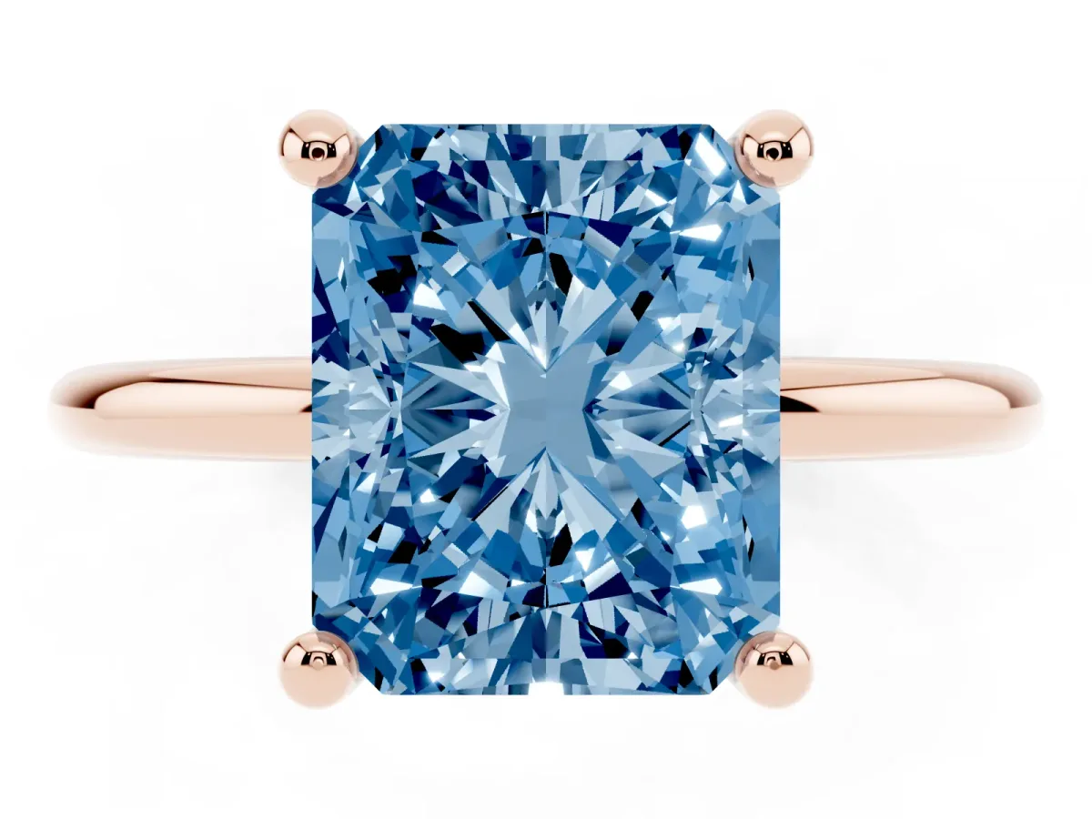 Fancy Blue Radiant Cut Solitaire Diamond Ring with 4-Prong Setting on a Classic Band Rose gold