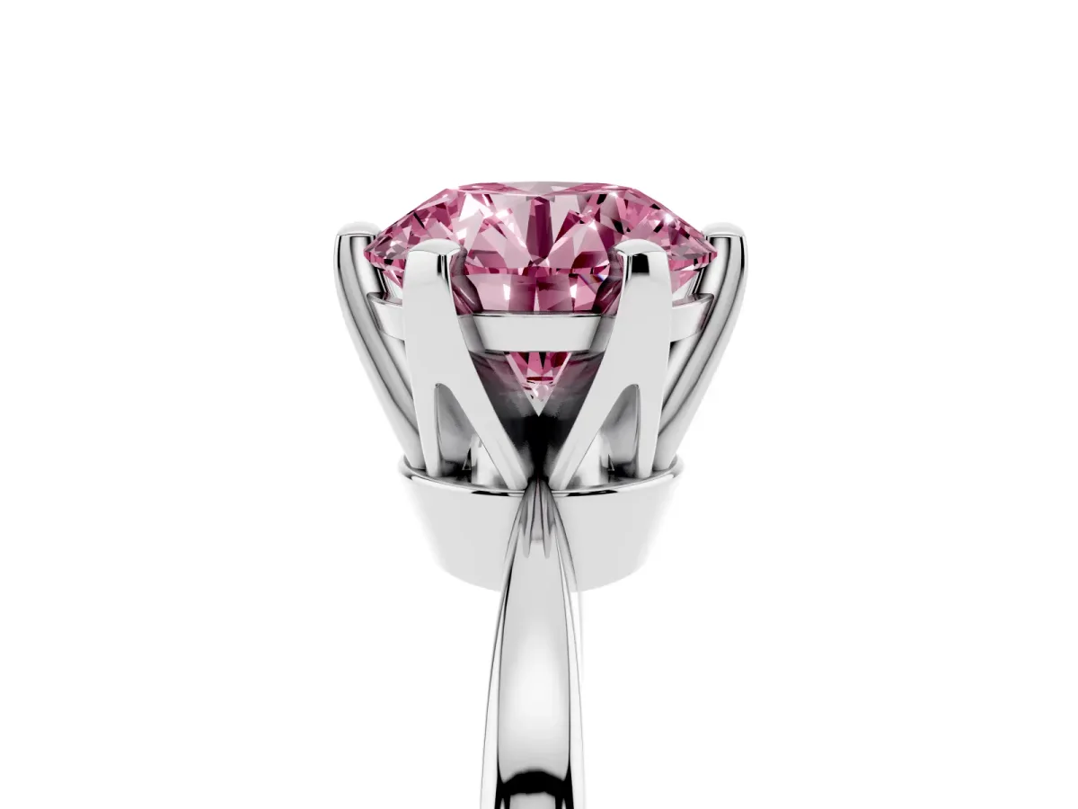 Fancy Pink Round Cut Solitaire Engagement Ring with Six-Prong Setting and Tapered Band Platinum