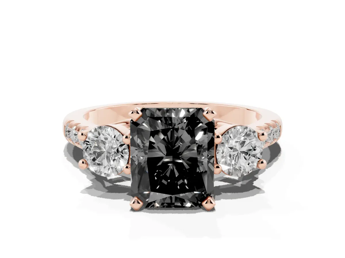 Fancy Black Three-Stone Radiant Cut Diamond Pavé Band with Four-Prong Setting Rose gold
