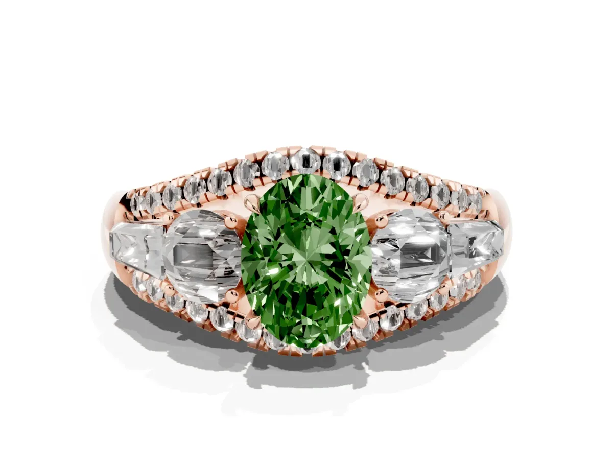 Fancy Green Three-Stone Oval Cut Diamond Engagement Ring with Pave Band and Prong Setting Rose gold