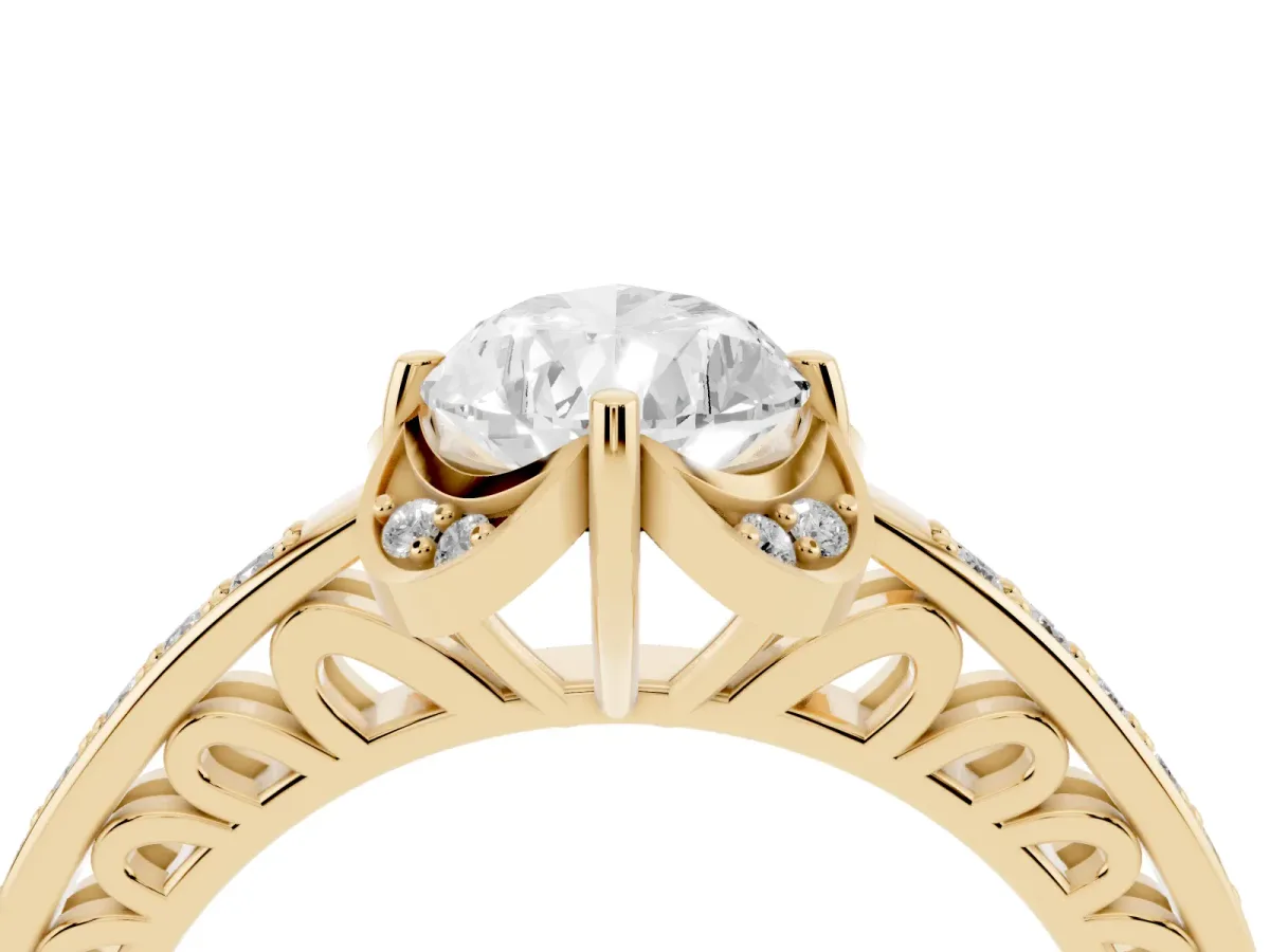 Pear Cut Cut Halo Diamond Ring with Channel Set Band and Four-Prong Setting Yellow gold