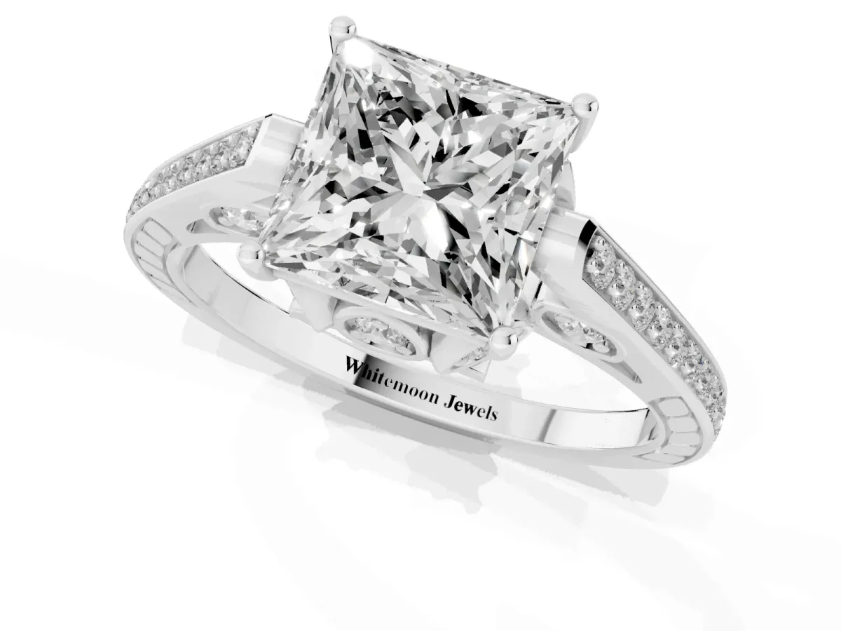 Princess Cut Cut Cathedral Pave Diamond Engagement Ring with Six-Prong Setting Silver