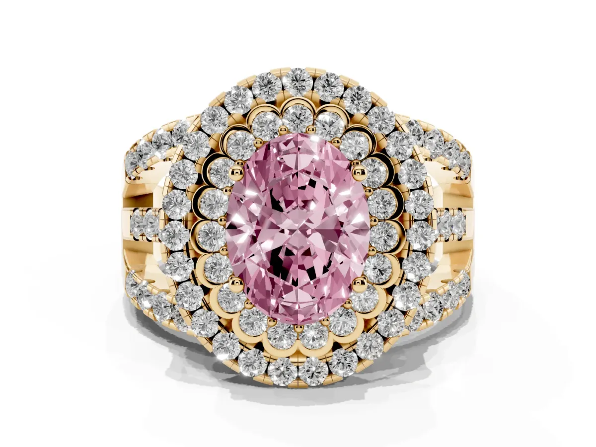 Fancy Pink Oval Cut Diamond Double Halo Ring with Round Pavé Split Shank and Prong Setting Yellow gold