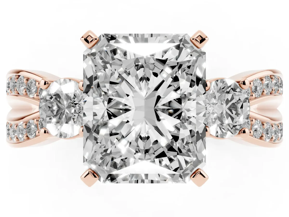 Three-Stone Radiant Cut Cut Diamond Twist Band with Prong Setting Rose gold