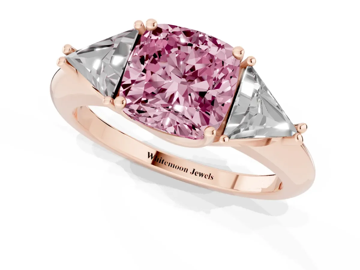 Fancy Pink Three-Stone Cushion Cut Diamond Engagement Ring with Trillion Side Stones and Prong Setting Rose gold