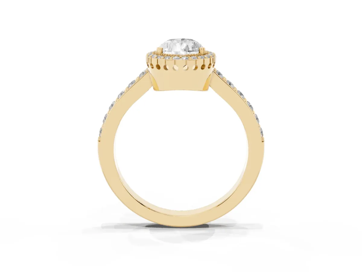 Pear Cut Cut Diamond Halo Engagement Ring with Milgrain Detail and Pavé Band Yellow gold