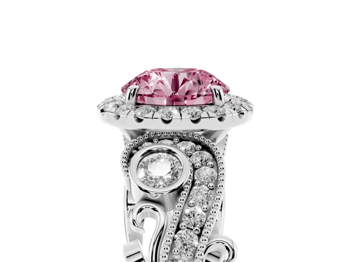 Fancy Pink Round Cut Halo Diamond Ring with Milgrain and Bezel Accents on a Split Shank Band White gold