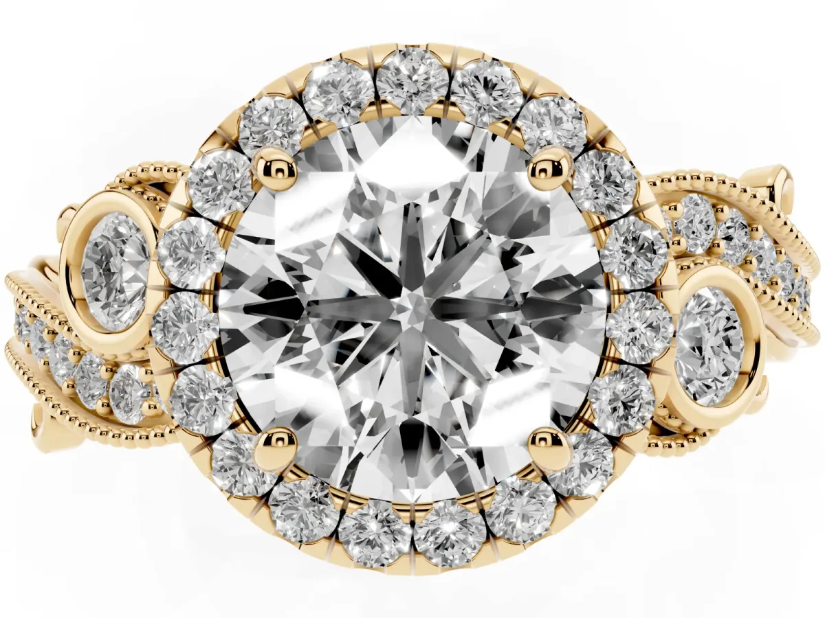 Round Cut Halo Diamond Ring with Milgrain and Bezel Accents on a Split Shank Band Yellow gold