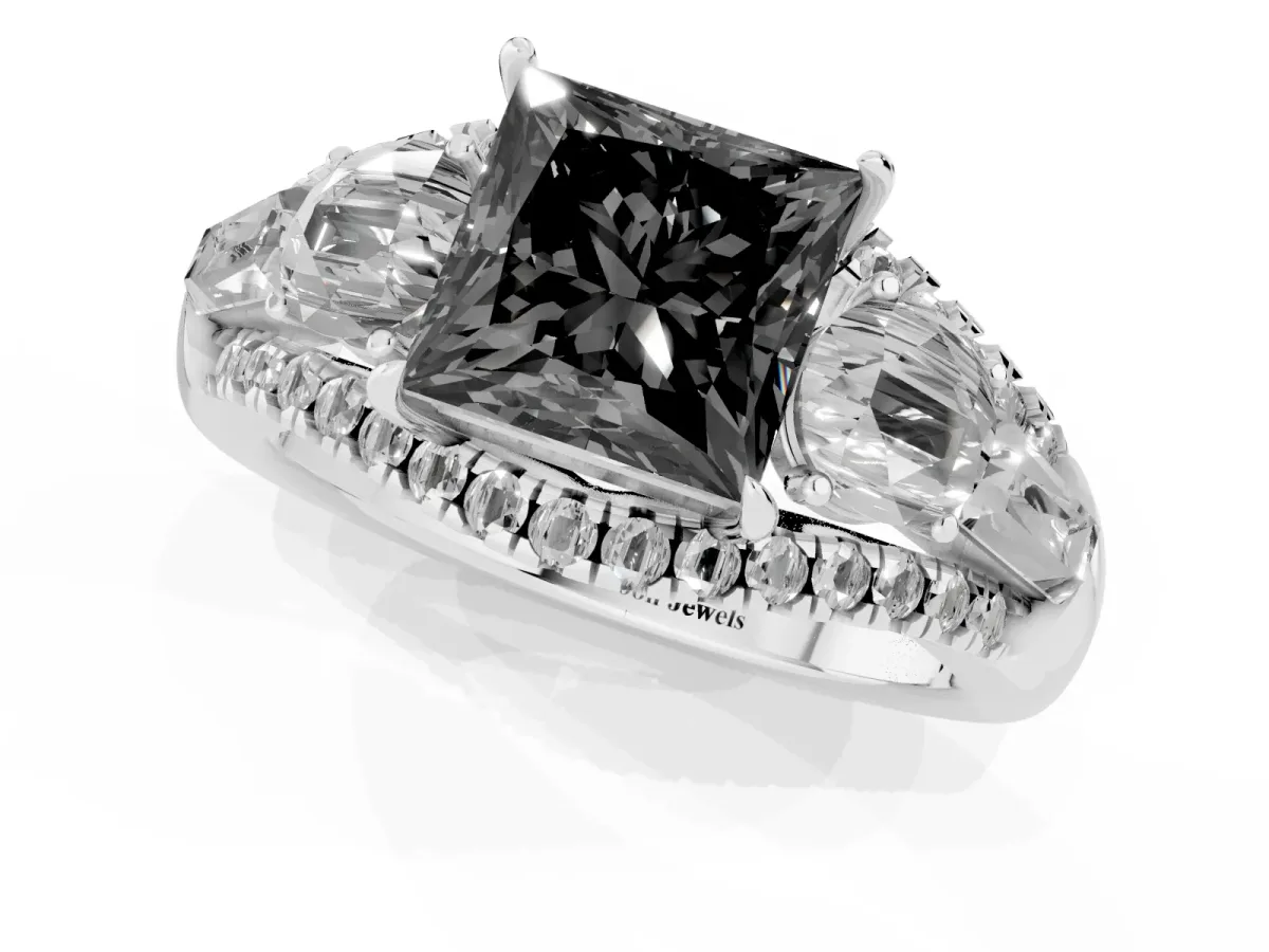 Fancy Black Three-Stone Princess Cut Diamond Engagement Ring with Pave Band and Prong Setting Silver