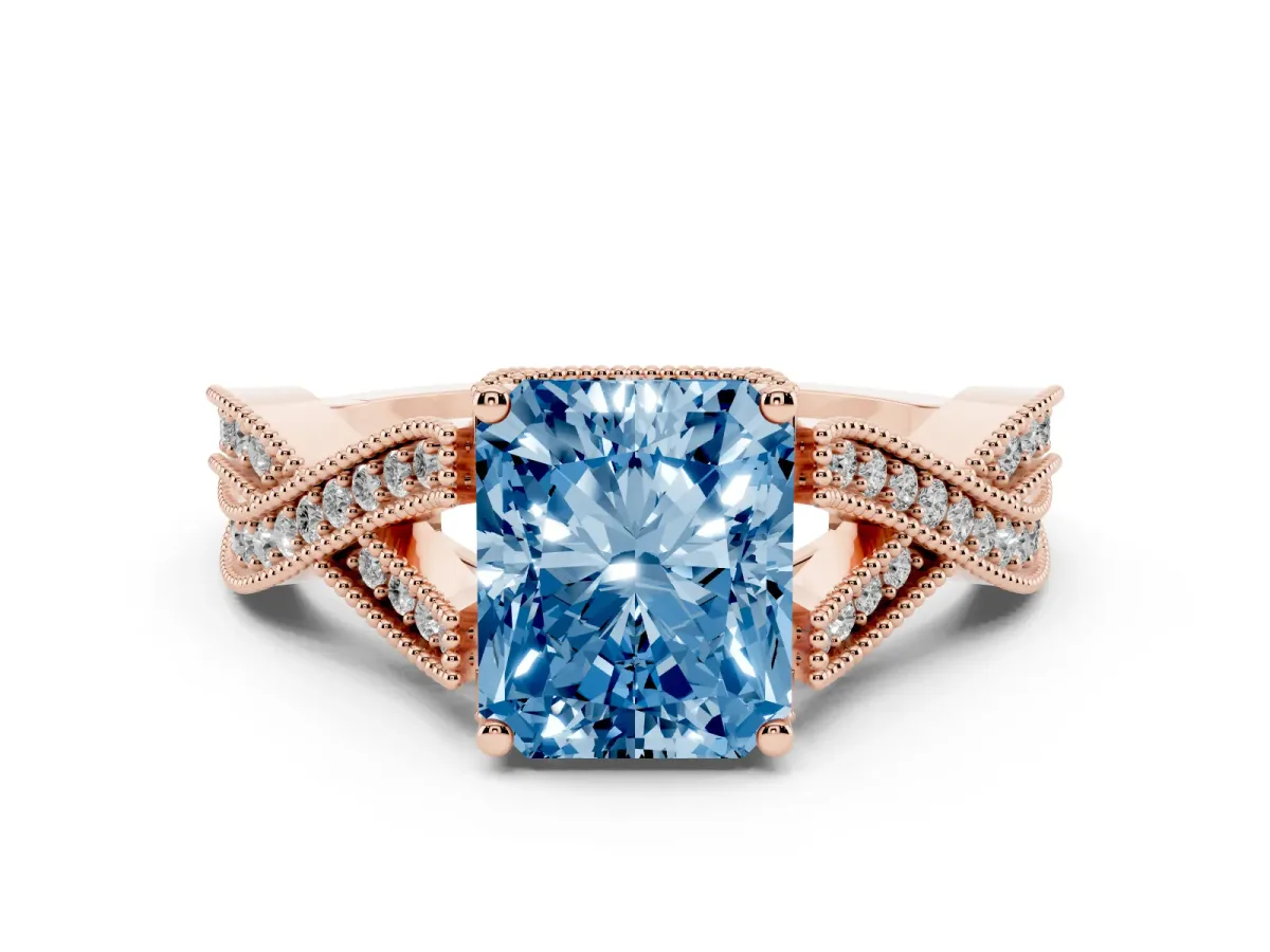 Fancy Blue Radiant Cut Cut Diamond Twisted Band with Milgrain Pave Setting and Four-Prong Setting Rose gold