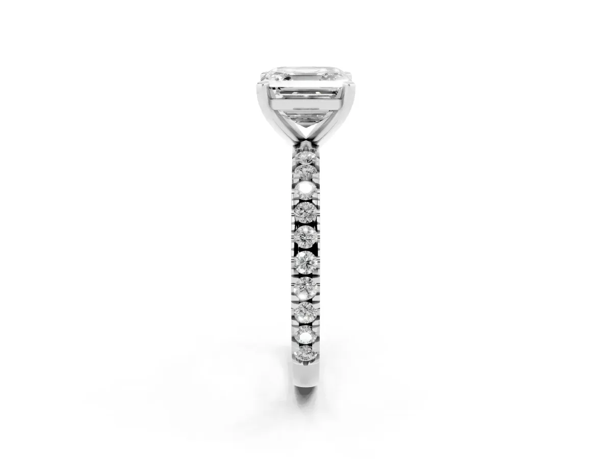 Asscher Cut Diamond Pavé Band Solitaire with Four-Prong Setting Silver