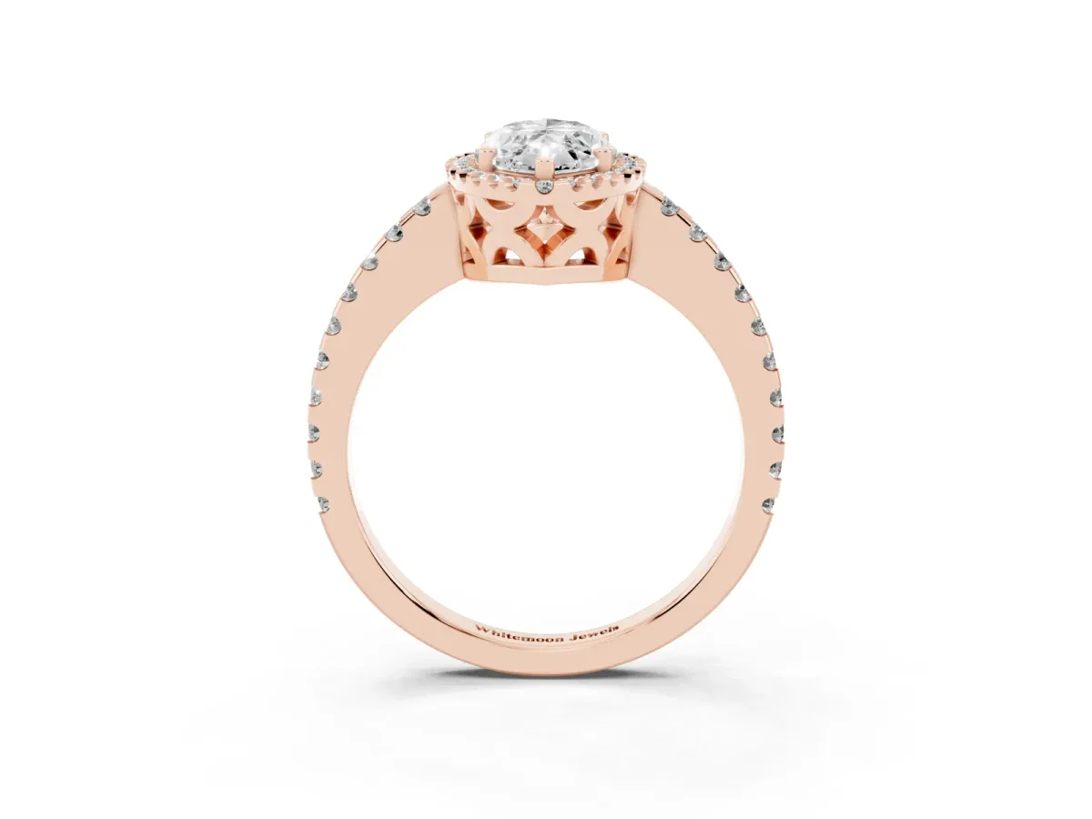 Marquise Cut Diamond Halo Engagement Ring with Pavé Band and Prong Setting Rose gold
