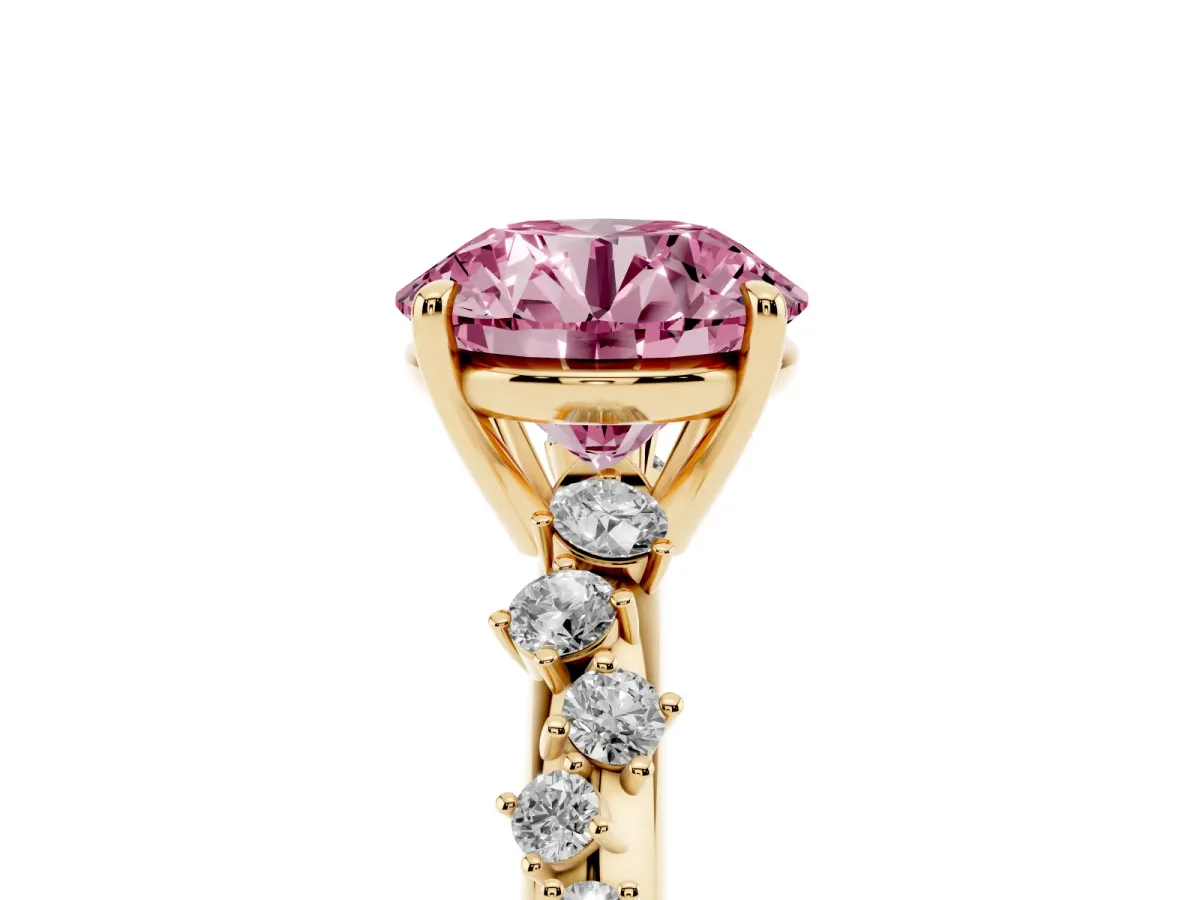 Fancy Pink Round Cut Diamond Cluster Side Stone Solitaire Ring with Prong Setting Yellow gold