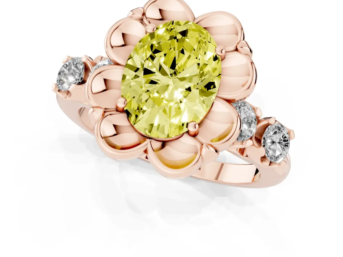 Fancy Yellow Oval Cut Cut Diamond Floral Halo Engagement Ring with Shared Prong Setting Rose gold