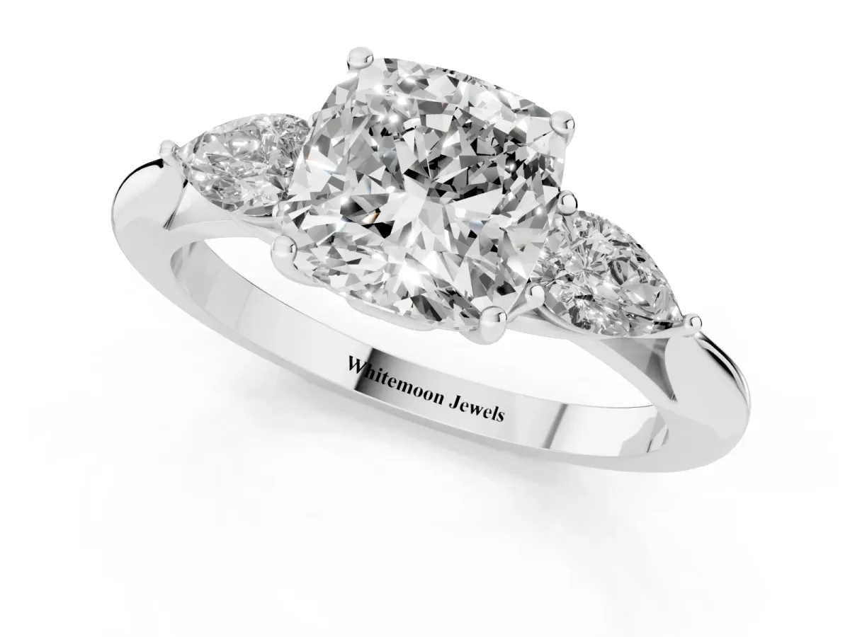Three-Stone Cushion Cut Brilliant Diamond Solitaire Ring with Tapered Band and Four-Prong Setting Silver