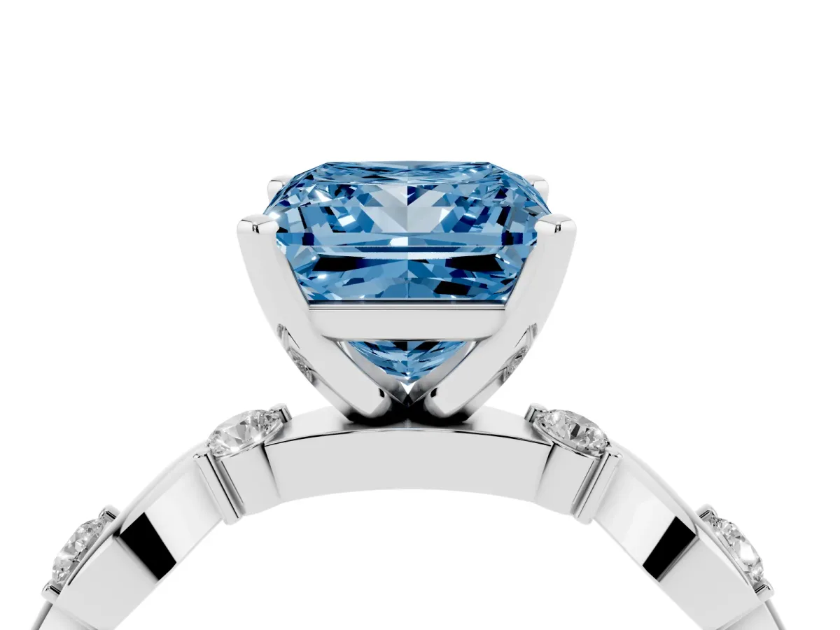 Fancy Blue Princess Cut Diamond Solitaire Twisted Band with Round Accents and Prong Setting White gold