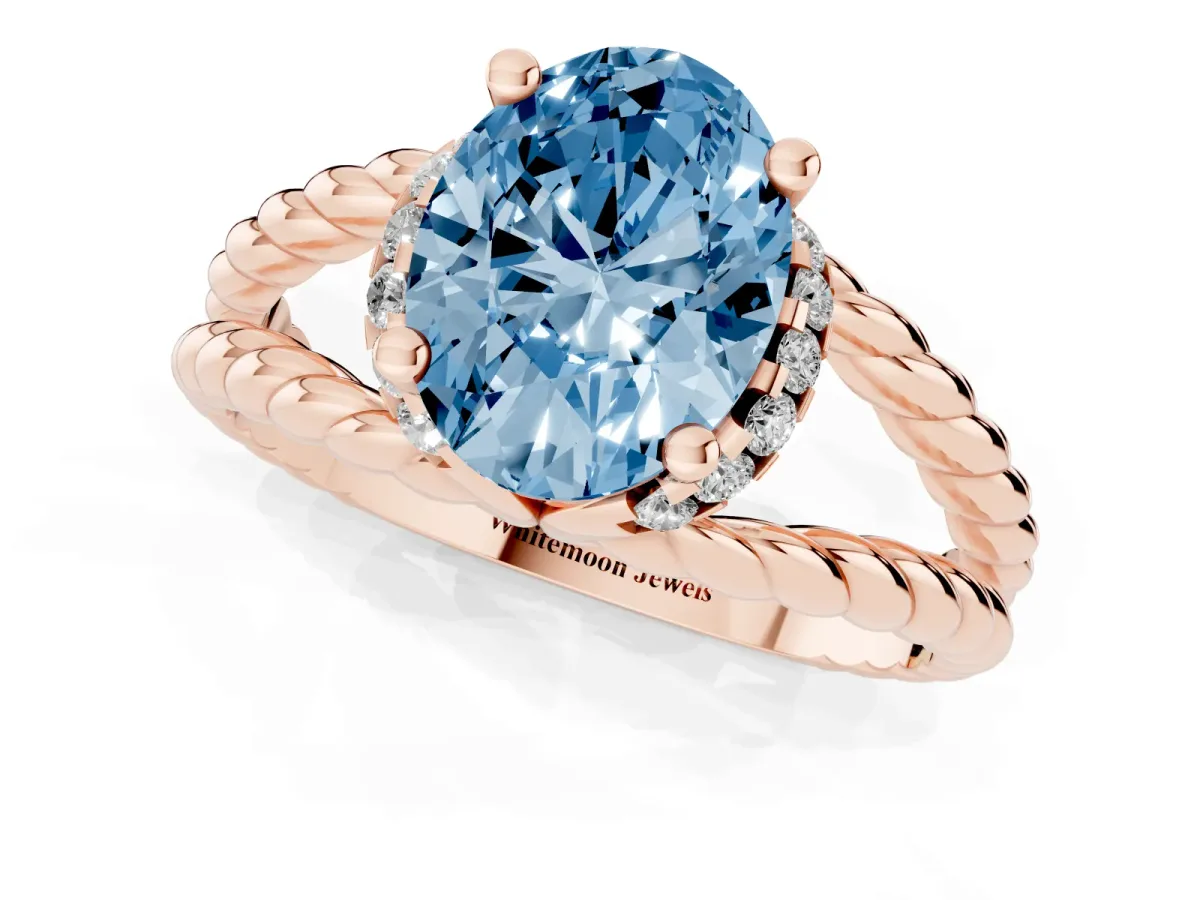 Fancy Blue Oval Cut Halo Twisted Band Four-Prong Ring Rose gold